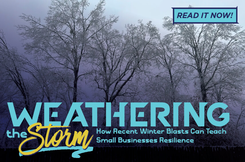 Blog post graphic featuring ice covered trees against a dark purple tinted winter sky Overlaid text reads WEATHERING the Storm How Recent Winter Blasts Can Teach Small Businesses Resilience with a READ IT NOW button in the top right corner