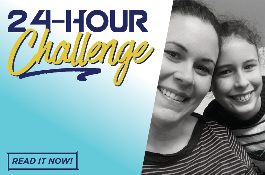 Blog post graphic featuring a black and white photo of Ashley Elkins and her daughter Overlaid text on a light blue gradient reads 24 HOUR Challenge with a READ IT NOW button in the bottom left corner
