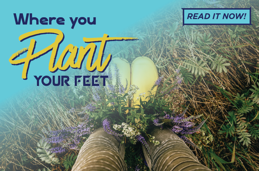 Blog post graphic showing a first person view of someone standing in a field of tall grass and purple wildflowers wearing yellow boots Overlaid text reads Where you Plant YOUR FEET with a READ IT NOW button in the top right corner
