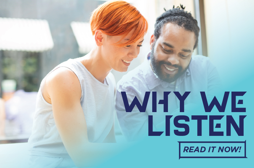 Blog post graphic featuring a woman with short orange hair and a man with a beard smiling while looking down together Overlaid text on a light blue gradient reads WHY WE LISTEN with a READ IT NOW button in the bottom right corner