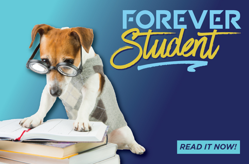 Blog post graphic featuring a small dog wearing glasses and a sweater vest looking at an open book on a stack of textbooks Overlaid text on a dark blue background reads FOREVER Student with a READ IT NOW button in the bottom right corner
