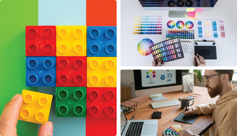 A three panel collage showcasing the evolution of design The large left panel shows a hand placing a yellow building block into a grid of colorful blocks The top right panel shows an overhead view of a designer s desk covered in color swatches and palettes The bottom right panel shows a graphic designer with a beard using a stylus and tablet to work on a digital project