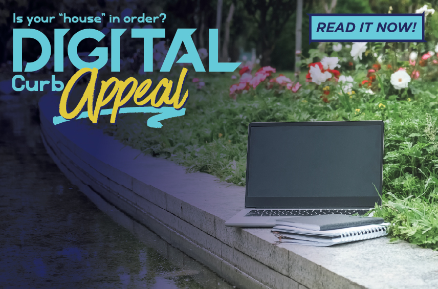 Blog post graphic featuring an open laptop and a stack of notebooks sitting on a stone ledge in a garden with flowers Overlaid text reads Is your house in order DIGITAL Curb Appeal with a READ IT NOW button in the top right corner