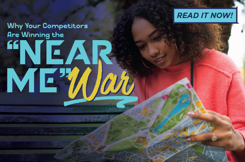 Blog post graphic featuring a woman with curly hair wearing a pink sweater looking intently at a paper map while sitting on a park bench Overlaid text reads Why Your Competitors Are Winning the NEAR ME War with a READ IT NOW button in the top right corner