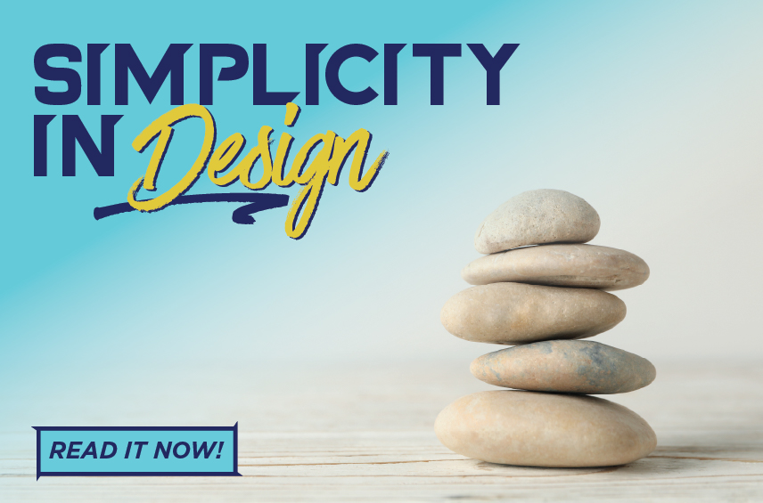Five smooth river stones stacked vertically in a balanced tower, with text that reads "Simplicity in Design. Read it now!"