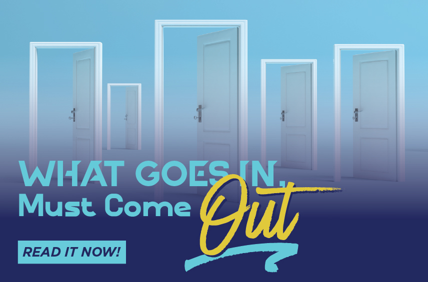 Blog post graphic featuring several white doors standing freely in a blue tinted void some open and some closed Overlaid text reads WHAT GOES IN Must Come Out with a READ IT NOW button in the bottom left corner