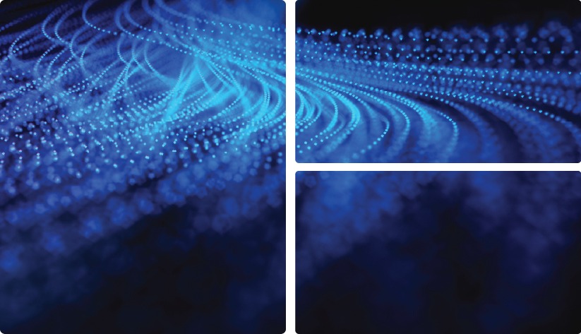 A collage of three abstract images featuring glowing, wavy lines made of tiny blue dots against a dark background.