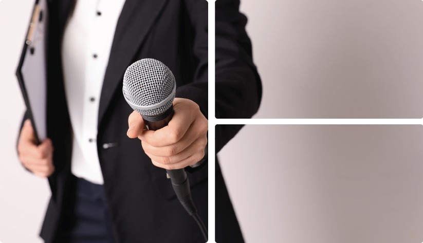 A person in a business suit holding a clipboard and extending a microphone toward the viewer, formatted as a collage with empty panels on the right.