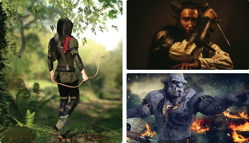 A collage of three fantasy characters: a hooded archer walking through a green forest, a horned warrior holding a dagger, and a muscular blue orc wielding an axe amidst flames.