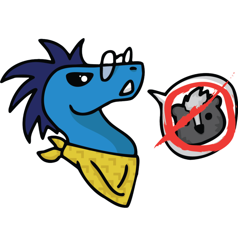 Zip the Dino with a speech bubble showing a crossed-out skunk