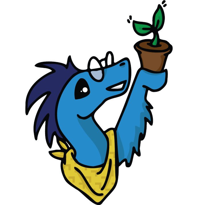Zip the Dino holding up a small potted plant