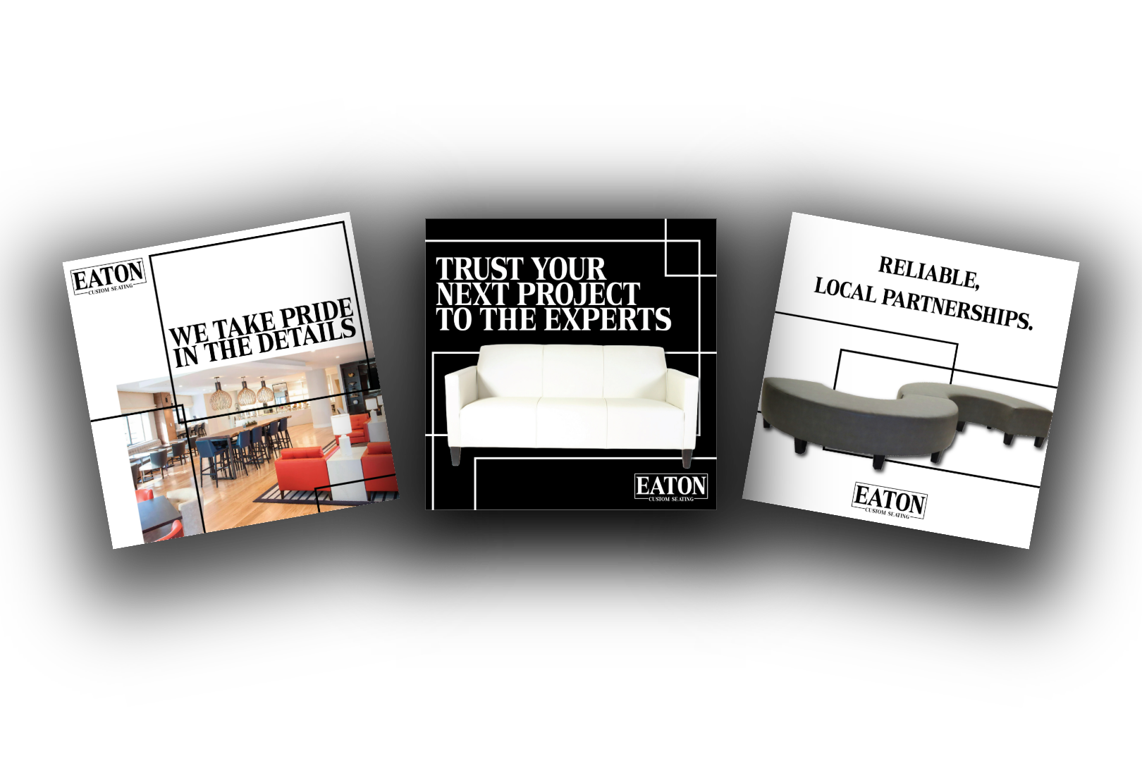 Eaton Custom Seating Mockup of 3 Social Media Posts