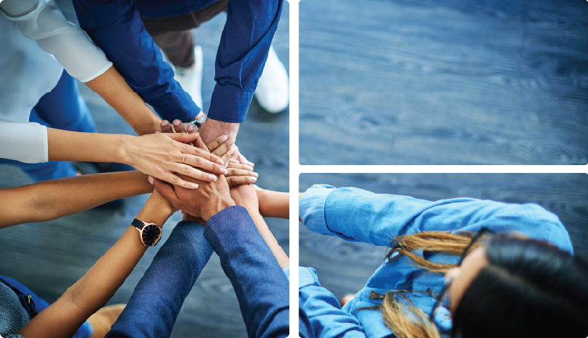 Blue-toned office collage featuring a diverse team stacking their hands together to represent collaboration, unity, and teamwork.