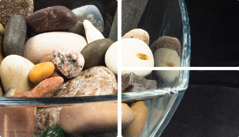 Three-panel close-up collage of colorful, smooth river stones arranged inside a clear glass bowl against a dark background.