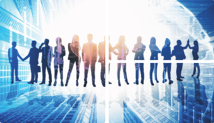 Digital collage of corporate business silhouettes overlaid with global networking graphics, data patterns, and modern city architecture.