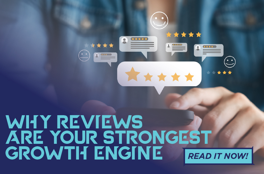 Graphic for the article 'Why Reviews Are Your Strongest Growth Engine' featuring hands holding a smartphone surrounded by floating star review graphics.