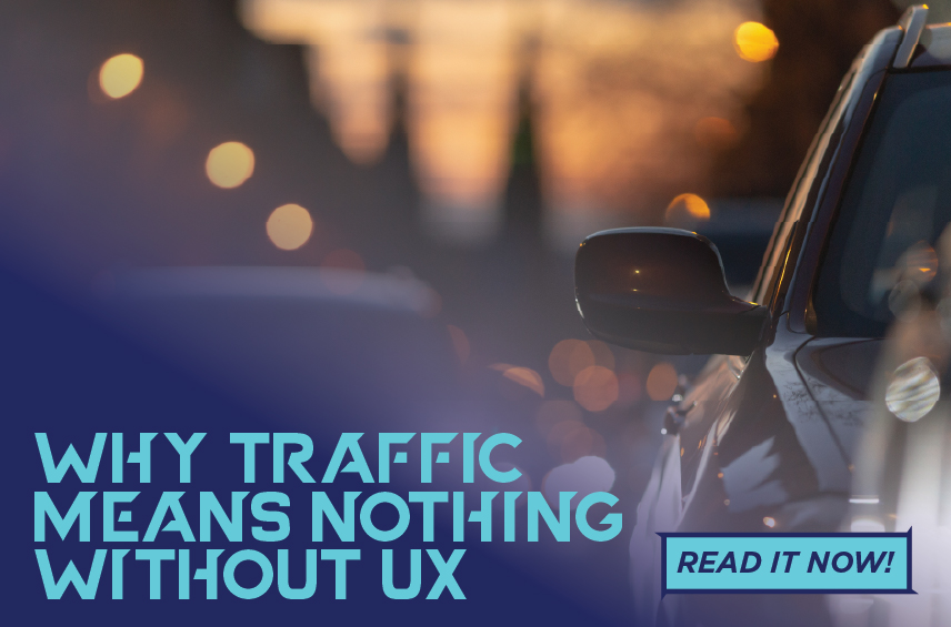 Graphic for the article 'Why Traffic Means Nothing Without UX' featuring a blurred background of a car in evening road traffic.