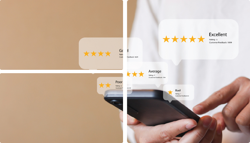 Collage featuring a close-up of hands using a smartphone overlaid with floating digital speech bubbles displaying various star ratings and customer feedback.