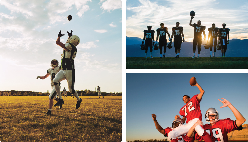 Football-themed collage featuring a player catching a pass, a team walking at sunset, and players celebrating a victory.