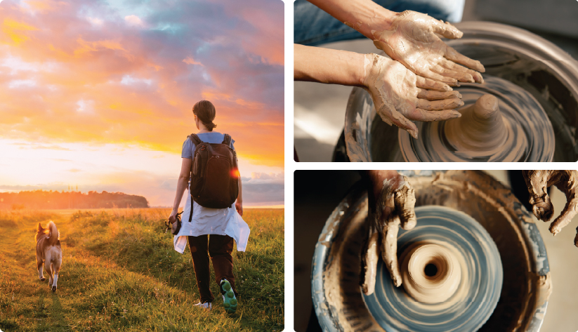 Collage featuring a woman walking her dog at sunset alongside two close-up views of hands shaping wet clay on a pottery wheel.
