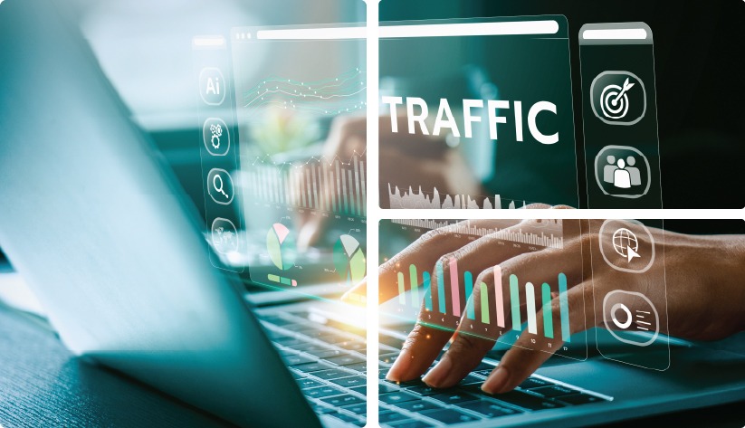 Digital analytics collage featuring a person typing on a laptop overlaid with glowing holographic charts, graphs, and the word 'TRAFFIC'.